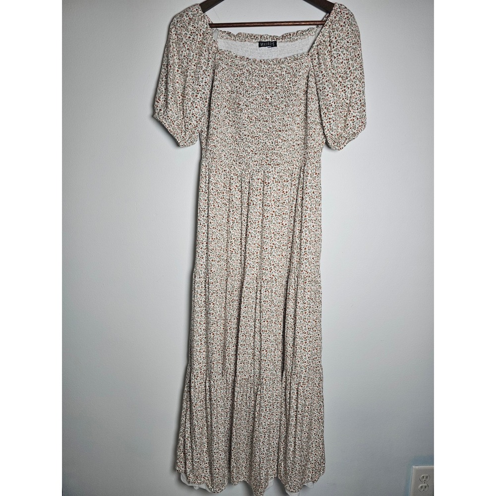 Cottagecore Mikarose Floral Smocked Maxi Dress Womens Small White Tiered Boho